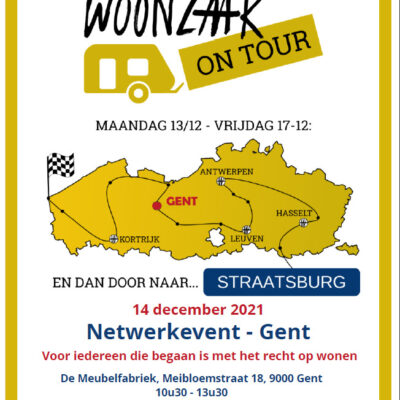 Woonzaakcaravan houdt halt in de Meubelfabriek in Gent op doortocht naar Europees Comité voor Sociale Rechten te Straatsburg