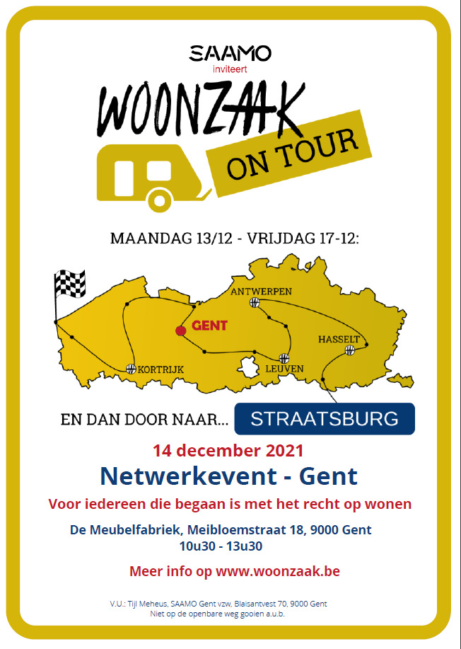 Woonzaakcaravan houdt halt in de Meubelfabriek in Gent op doortocht naar Europees Comité voor Sociale Rechten te Straatsburg
